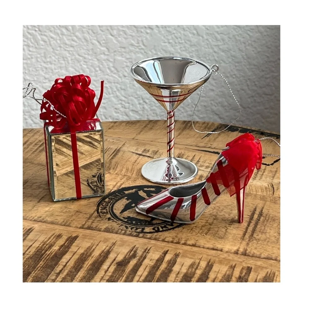 Mirrored Red Striped Ornament Bundle High Heel Shoe Gift Present Martini Glass